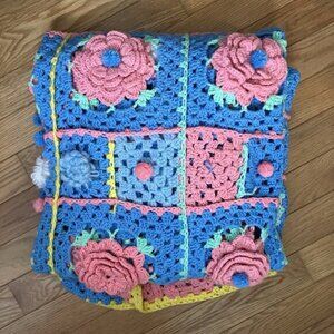 Vintage Handmade Granny Square Blanket 3D Rose Pink Blue Crochet Afghan Pompom